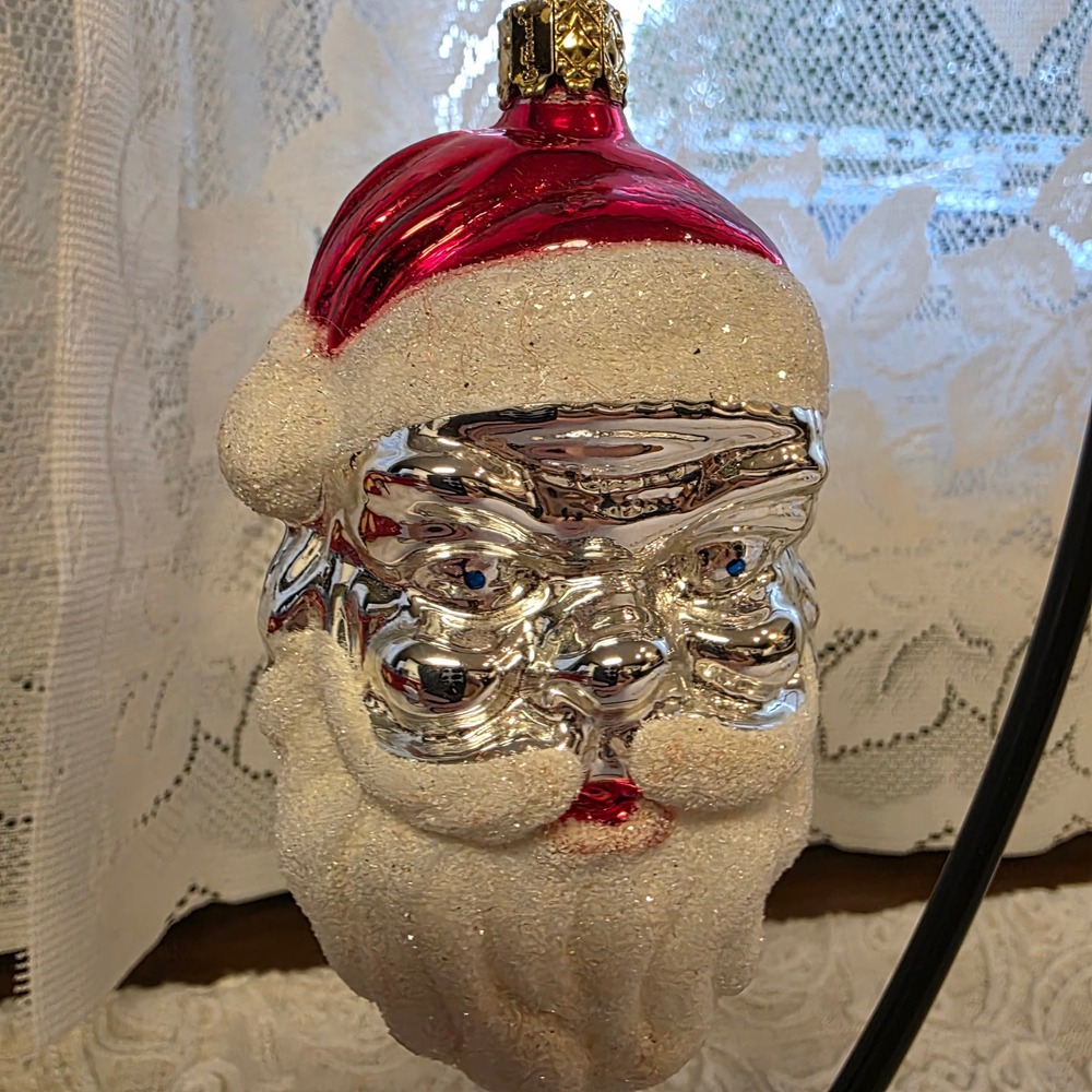 Vintage Christborn Santa Head Glass Ornament 3.5" Silver Red Glitter